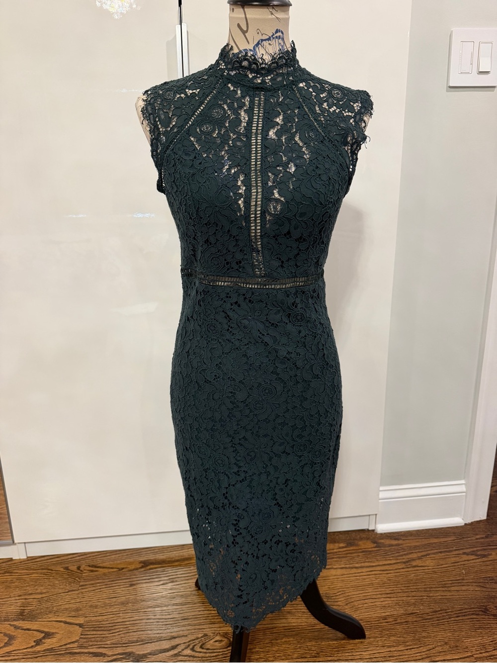 Bardot Lace Sheath Dark Green Lace Midi Dress with High Neck. Size Small.